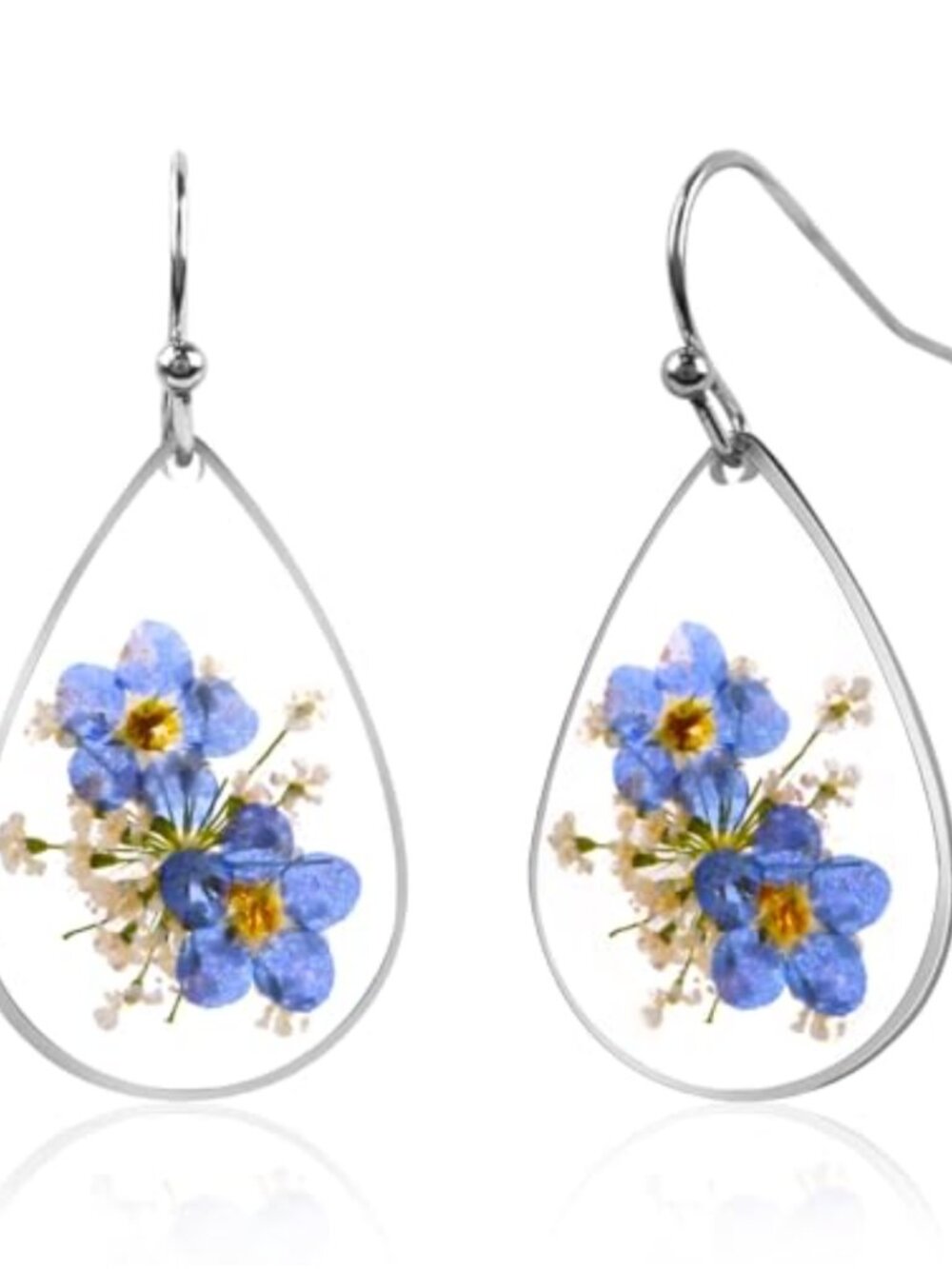 Handmade Pressed Flower Resin Drop Dangle Earrings Sterling Silver Hook